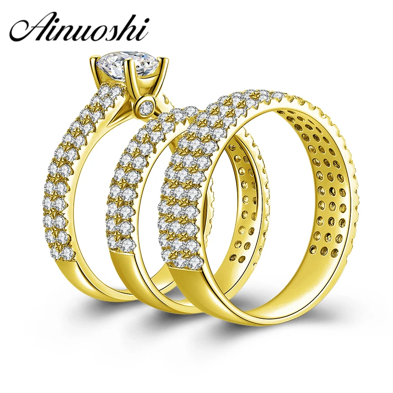 AINUOSHI Real 14 K желтое Золотое кольцо для пары наборы мужской свадебный браслет обручальные кольца Sona Помолвочные кольца с бриллиантом 14 K Золотое трио кольцо