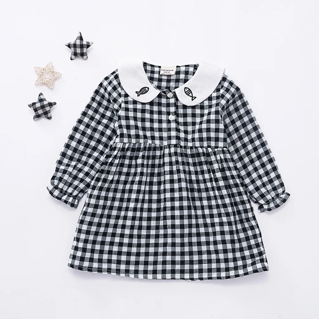 

Black and white sweet cartoon fish cartoon cat plaid print dress Kids Girls Long sleeves Cartoon Fish Plaid Print Princess Dress