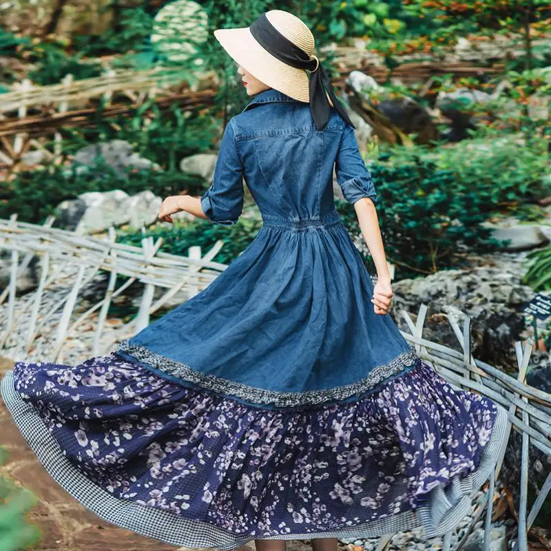 Linea Nuove Blu Lunghi Lolita Autunno Una Retro Dell'annata Cascading Vestiti Donne Vestito Di Stampa Donna Floreale Cuciture Denim Stile Increspato w8rqUw