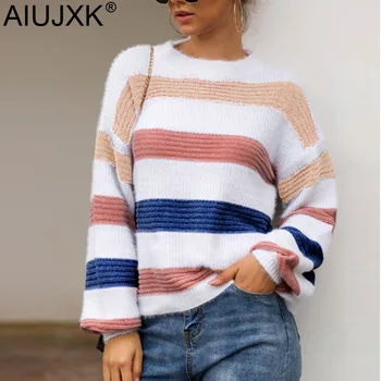 

AIUJXK New Autumn Winter 2019 Rainbow Striped Pullover Women Swearter Casual Warm Soft Sweaters And Pullovers Knitwear Jumper