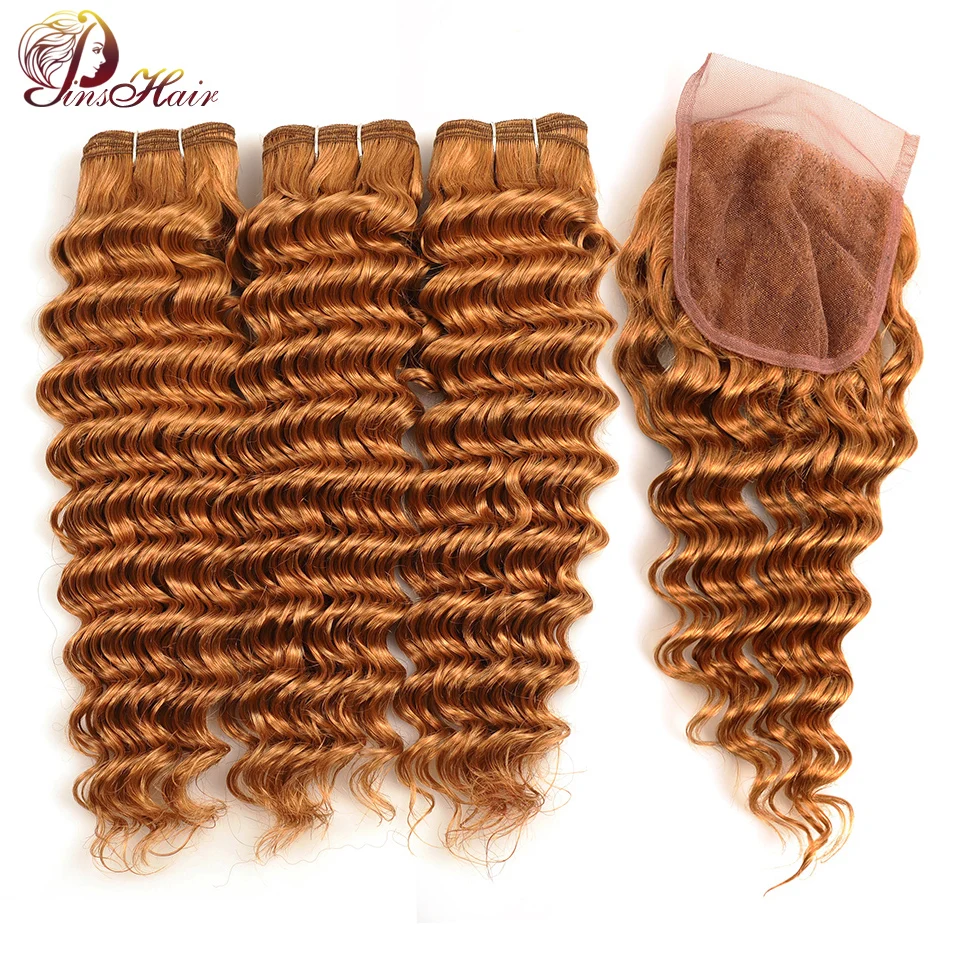  Peruvian Hair Deep Wave 3 Bundles With Closure Honey Blonde 27 Color Human Hair Bundles With Closur