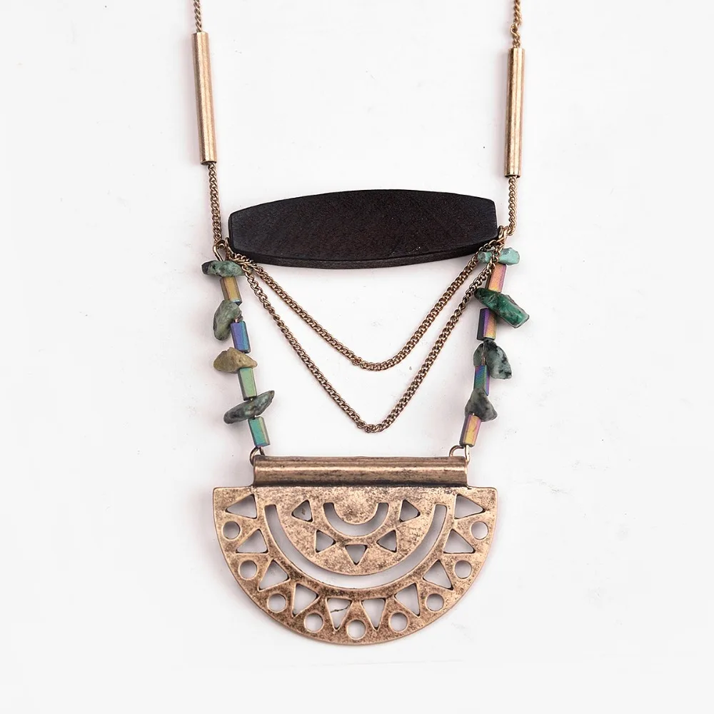 Дикое и свободное винтажное геометрическое длинное ожерелье Колье женское Ретро Открытое металлическое ожерелье с подвеской Деревянный воротник ювелирные изделия