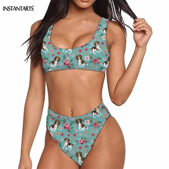 

INSTANTARTS Woman Summer Bikini Set Lovely Beagle Dog Floral Print Push Up Bathing Swimsuits High Waisted Beach Swimwear Women