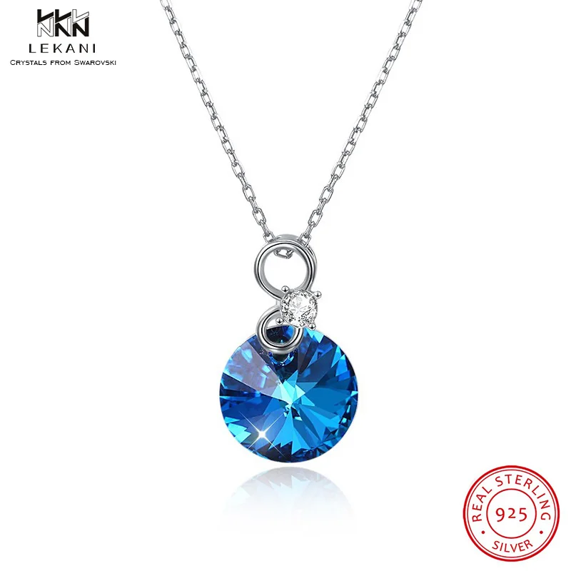 

LEKANI Crystals From Swarovski Necklace 925 Women's Necklace Pendant Fashion Elegant Chic Bijoux White Pink Blue Round jewelry