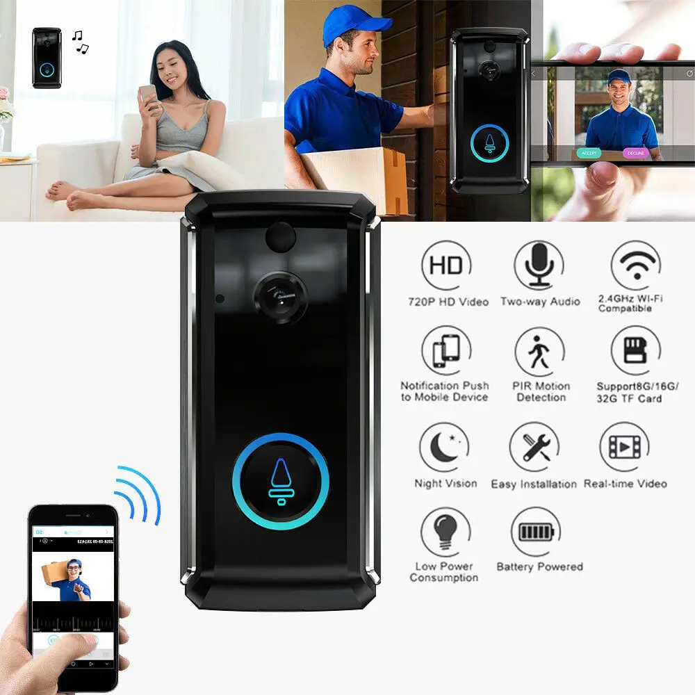 

Wireless Smart WiFi Doorbell IR Phone Remote Door Bell Security Camera Intercom Night Vision Real-time Video