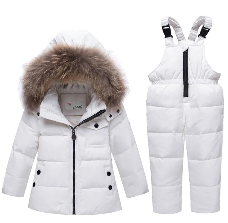 Новое пальто с меховым капюшоном для маленьких мальчиков и девочек, зимняя одежда, куртка+ комбинезон, комплекты одежды на утином пуху, для детей 2, 3, 4, 5 лет, для мальчиков и девочек - Цвет: Белый