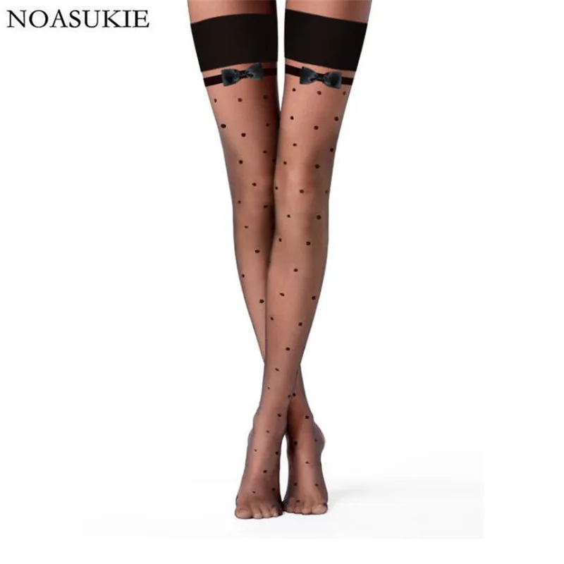 

Woman Black Sexy Bow Knee Socks Transparent Pattern Thigh High Socks Female Bottoming Socks Rajstopy W Kropki Overknee Socks