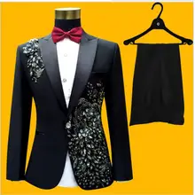 Latest Coat Pant Design Black Pattern Rhinestone Men Suit Slim Fit 2 Piece Formal Tuxedo Costume Stage Suits Custom Blazer Terno Latest Coat Pant Design Black Pattern Rhinestone Men Suit Slim Fit 2 Piece Formal Tuxedo Costume Stage Suits Custom Blazer Terno