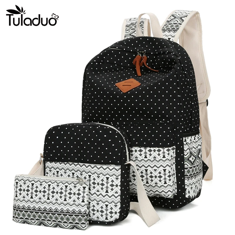 

Set Vintage Backpack Women Dot Printing Backpack Waterproof Canvas Backbag Nationl School Bags Teenagers Girls Laptop Rucksack