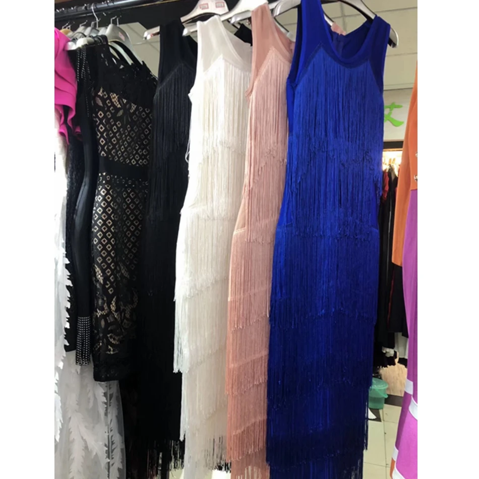 Модные новые женские черные, синие, розовые, белые рукава с длинными кисточкой роскошное Бандажное платье хорошего качества элегантное платье знаменитостей
