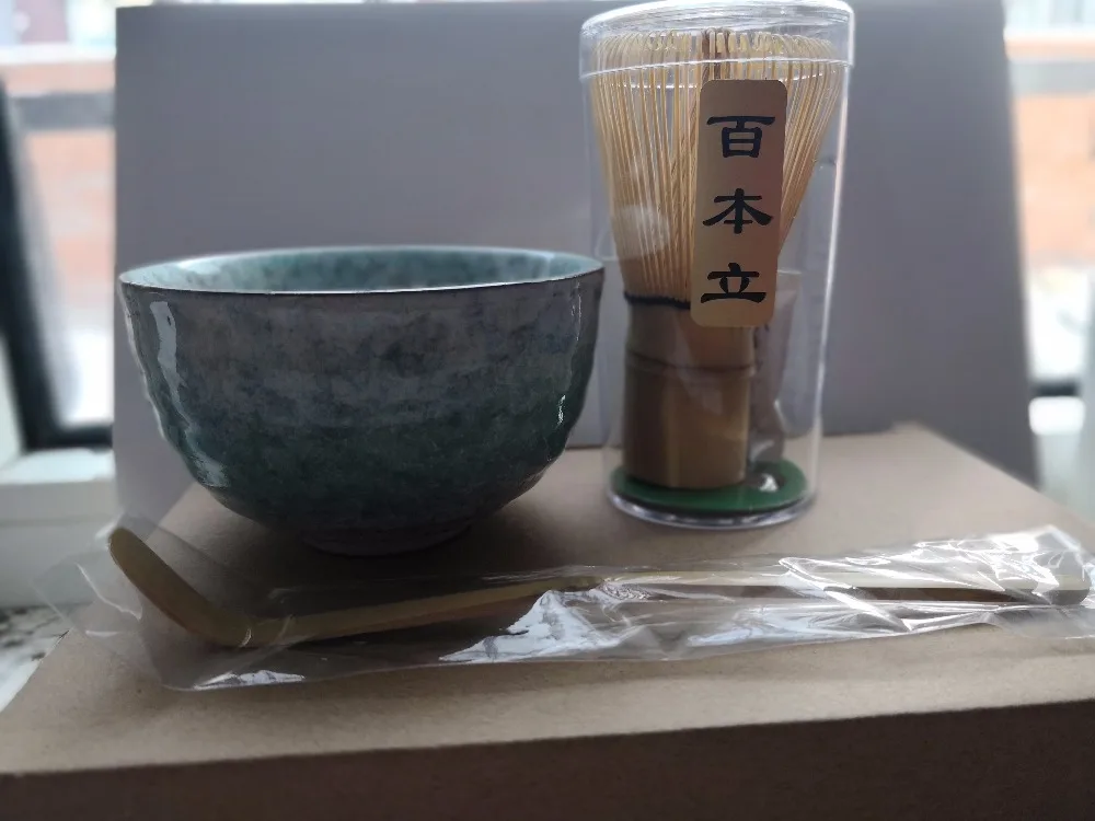 ceremony grade matcha tea set, green tea powder Japanese ceremic bowl matcha whisk and bamboo scoop 3 parts in set