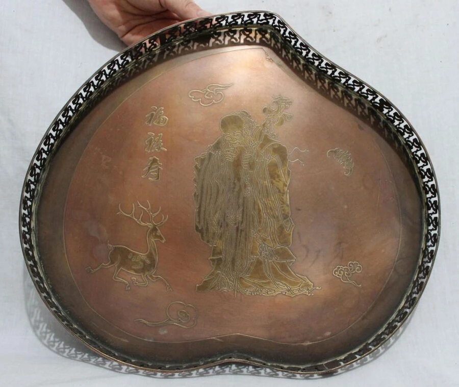 

Collectible bronze S1246 14" Chinese Pure Bronze Handcraft Collect Shou Longevity God Statue Plate Dish