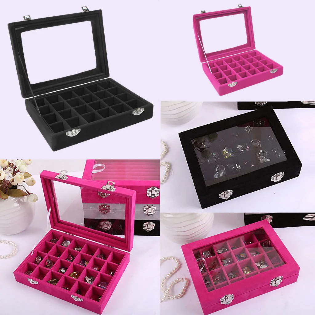 

Jewelry Ring Velvet Glass Display Organizer Box Tray Holder Earring Storage Case Earring ring storage box Organizers new A30619