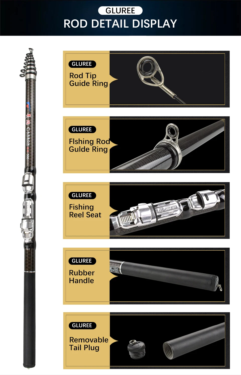 GLUREE 30T Carbon Spinning Telescopic Rock Fishing Rod 1.8 2.1 2.4 2.7 3.0 3.6M MH Power Carp Feeder Rod High Quality Hand Pole (17)