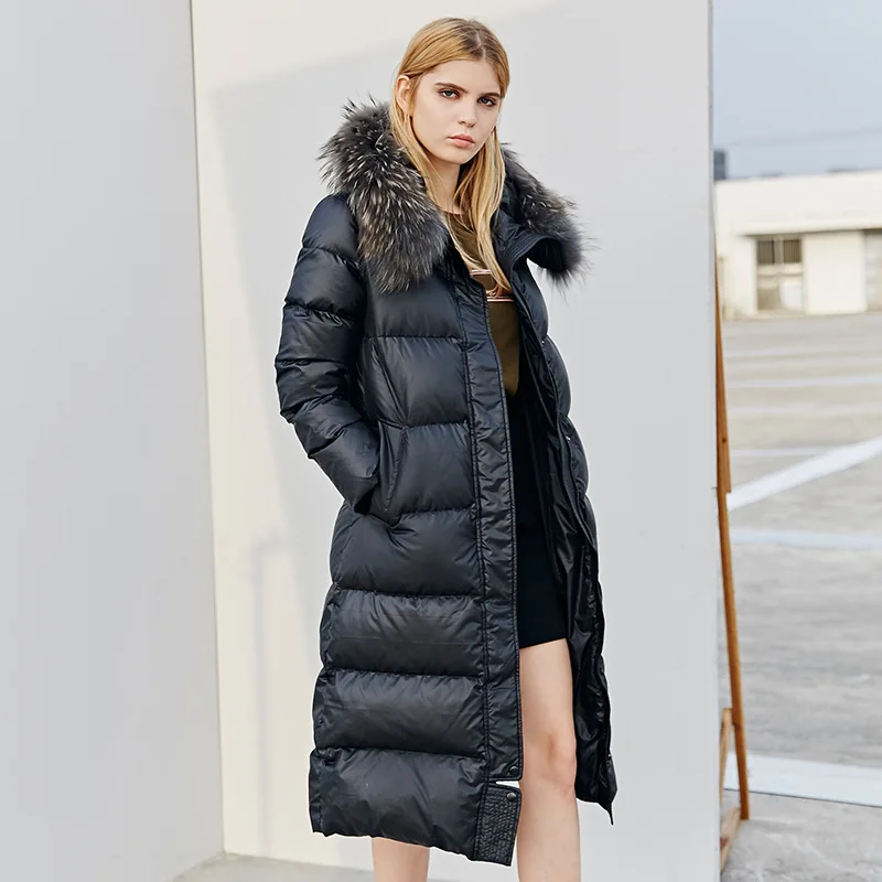 winter Europe and the United States Really raccoon fur collar Slim Was thin Long section Matte