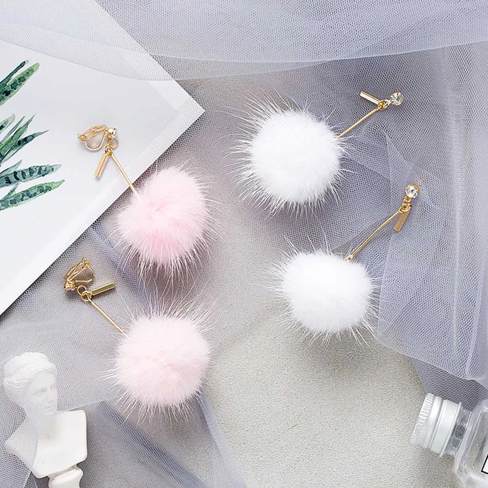 Rabbit Fur Ball PomPom Long wedding clip on earrings for Women Unique Soft Pom Pom Ear Earring Jewelry Cute Christmas Gift (8)