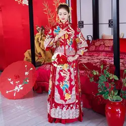 Невесты торжественное платье Традиционный китайский стиль костюм Феникс cheongsam Вышивка Одежда роскошные древний Королевский Красный Qipao