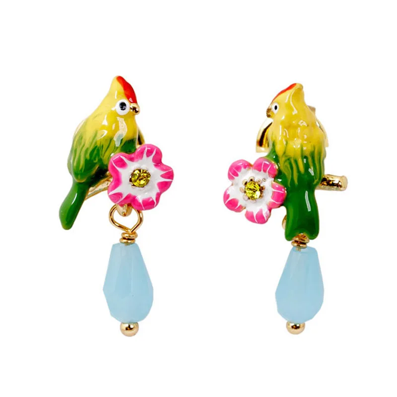 

Lovely asymmetry parrot flower hypoallergenic earrings enamel glaze cute bird pendant earring for women fashion jewelry
