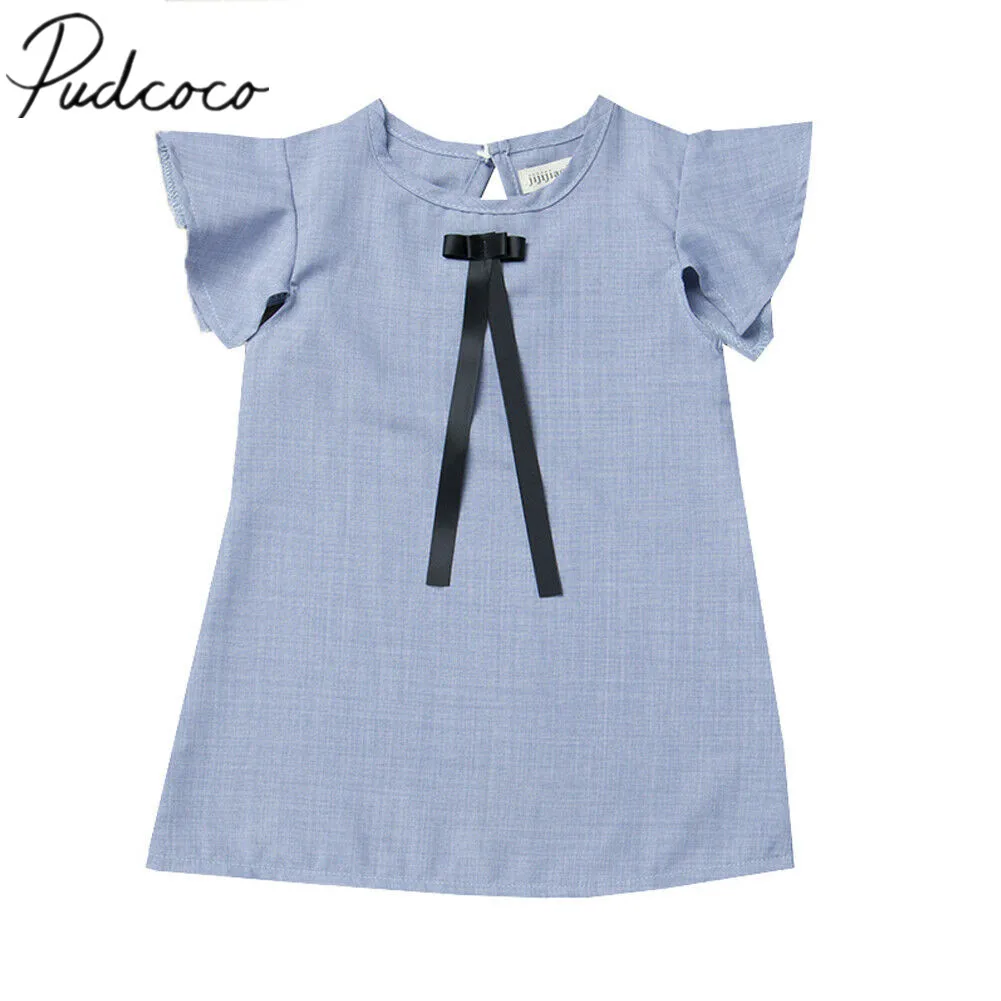 

2019 Baby Summer Clothing Sweet Infant Kid Baby Girls Party Dress Ruffles Sleeve Bow Blue A-Line Mini Dress Princess Gown 6-24M