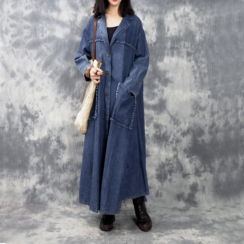 

[EWQ] 2019 Autumn New Pattern Office Lady Style Full Sleeve Solid Color Washed Vintage A-line Loose Lapel Collar Denim CoatAF853