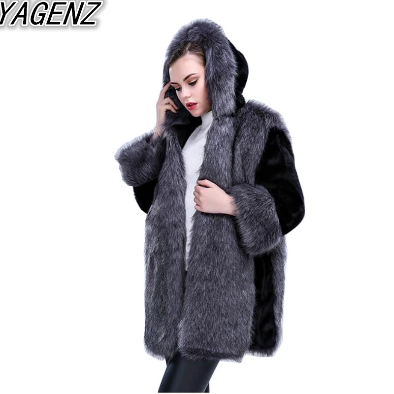 

YAGENZ Women Hooded Faux Fur Coats 2017 Winter Large size Women's Leather Grass Fake Mink Fur Collar Long-sleeved Faux Fur Coats