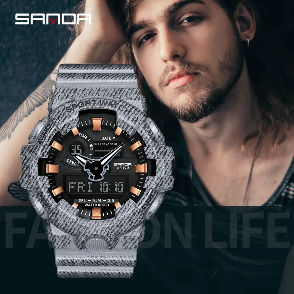 

HSU Sanda Men Waterproof Dual Display Analog Digital LED Electronic Wrist Watches Wristwatch Femme Men Gift