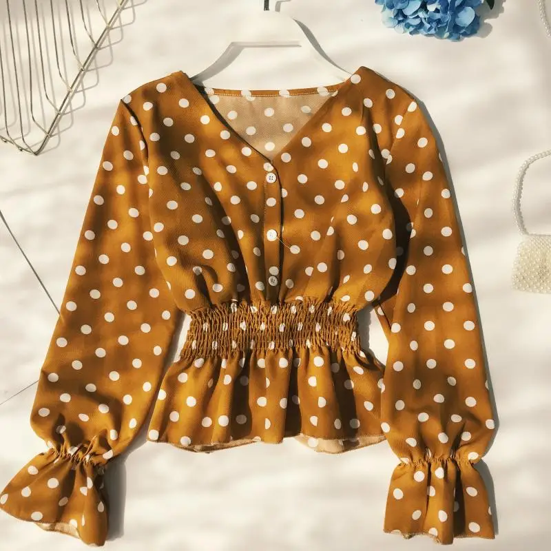 

2018 new fashion women's blouse shirt sweet dot V-neck puff sleeves lotus leaf chiffon shirt autumn