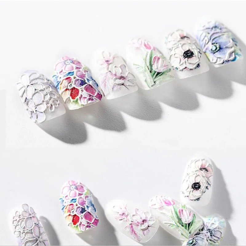 Красочные 3D наклейки на ногти цветок Переводные тисненые наклейки DIY для украшения ногтей