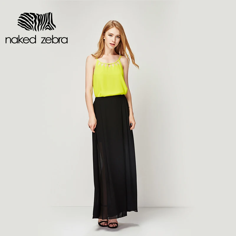 NAKED ZEBRA Woman Long Skirt Chiffon Double Material Solid Color Waist