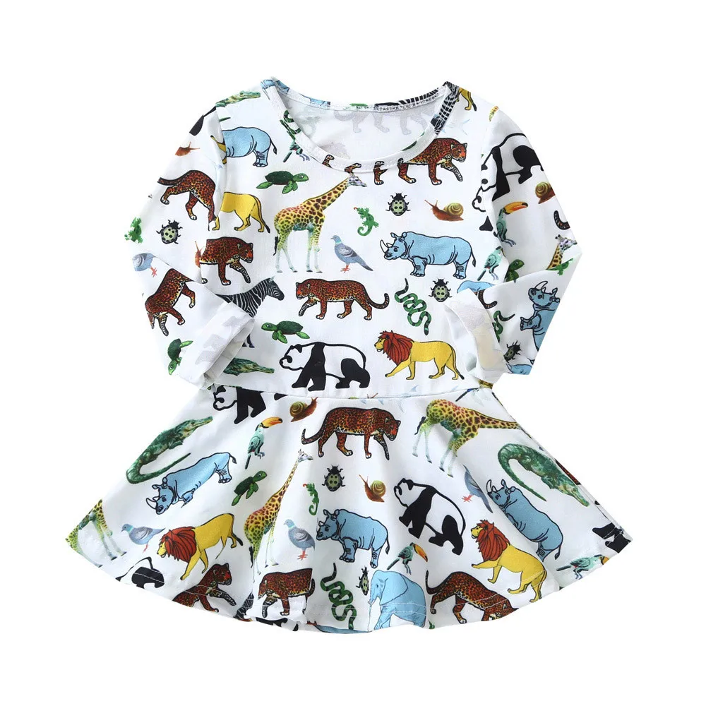 Модное платье с длинными рукавами и рисунком животных для маленьких девочек повседневные платья с круглым вырезом vestido de festa infantil