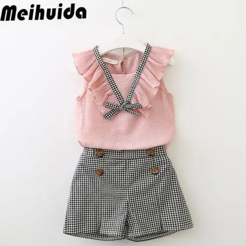 

Kid Girl Summer Sleeveless Tops Plaid Short Pants Clothes Set Toddler Kids Baby Girl Outfits Clothes T-shirt Tops+Pants 2PCS Set