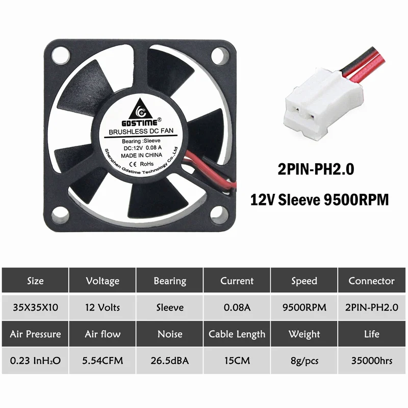 2 шт. Gdstime 5 В 2Pin 35 мм 35x35x10 мм небольшой вентилятор DC 3510 Вентилятор охлаждения Cooler - Цвет лезвия: 12V Sleeve 2.0