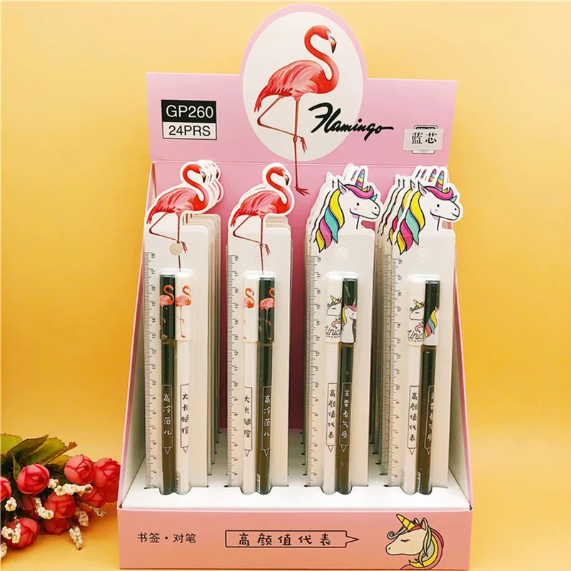 

2 pcs/lot Unicorn Pen Cute Kawaii Flamingos Gel Pens 0.38mm with Ruler for Kids Students Gift School Supplies Korean Stationery