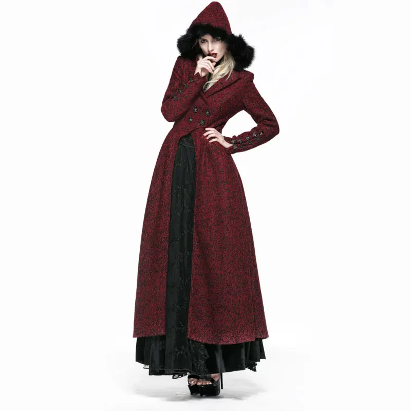 red coat with fur hood