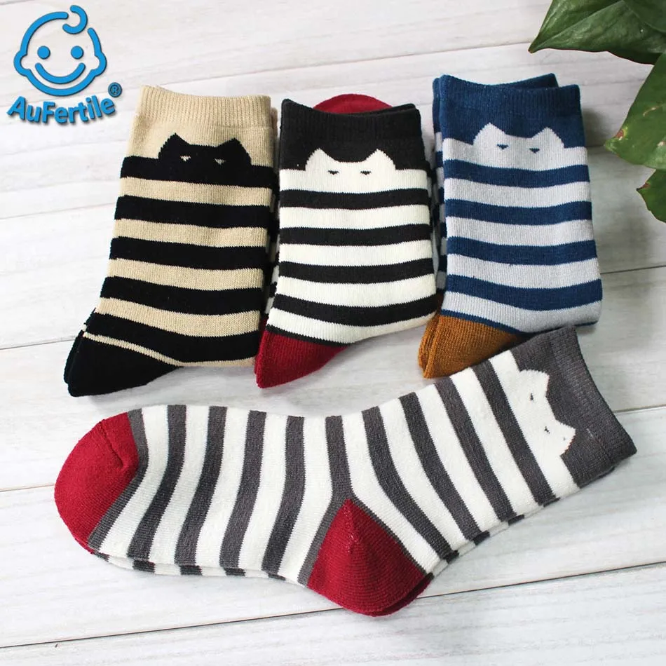 3 Pairs Terry Socks Thicker Cat Stripe Female In the Long Tube Socks Breathable  High Quality Socks