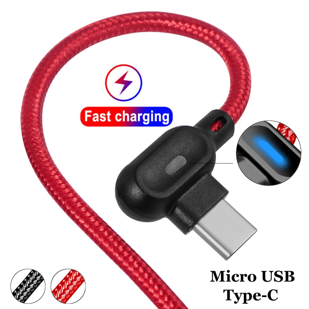 New 90° Angle Micro USB Type-C LED Lighting Cord Braided Nylon Fast Charging Sync Data Cable For Smartphone Android Accessories
