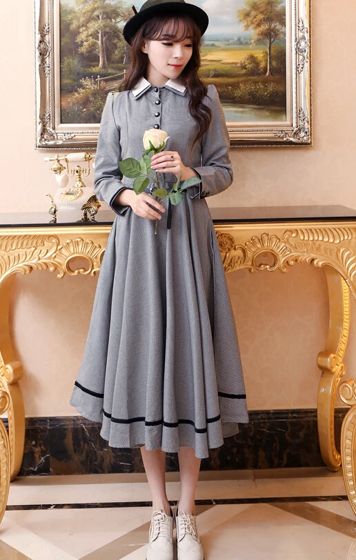 

Free Shipping Spring New Arrival Retro Turn-down Collar Plaid Long Sleeve Thicken Woman Long Dress