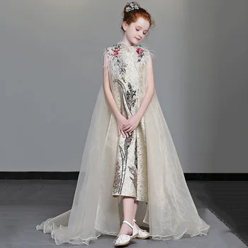 

Luxury Holy Communion Dress for 3-10 Y Girls Beading Stand Collar Vintage Embroidery Flower Girl Dresses Wedding Small Trailing