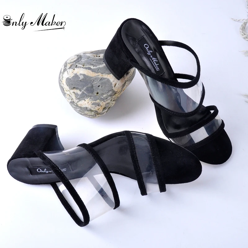 

Onlymaker Womens PVC Clear Double Straps Block Heel Slide Sandals Open Toe Slip on Mule Dress Slippers Summer plastic clear heel