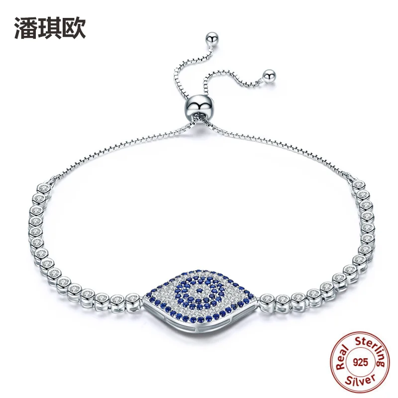 

925 Sterling Silver Blue Eyes Tennis Bracelet Swarovski crystal Adjustable Link Chain Evil eyes Bracelets For women Jewelry