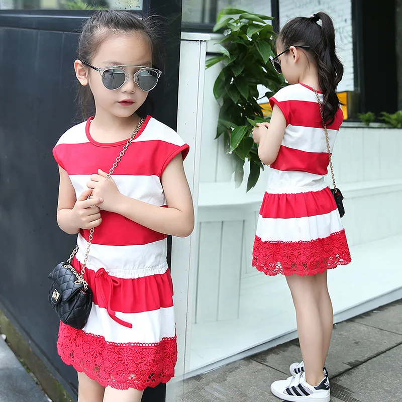 

Summer Girl Dress Cotton Casual Children Clothing O-Neck Cartoon Kid Stripe Lace Dresses for Girl Fashion Baby Clothes for Girls