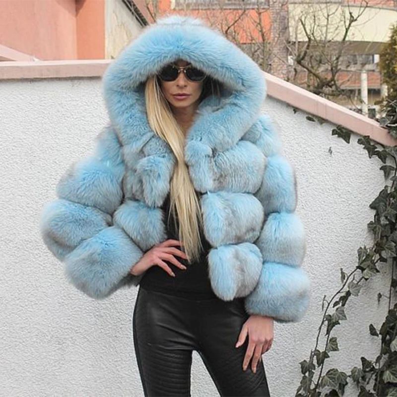 FURSARCAR Новая модная синяя шуба из натурального Лисьего меха, женская короткая зимняя куртка с большим меховым капюшоном, теплое пальто из натурального меха