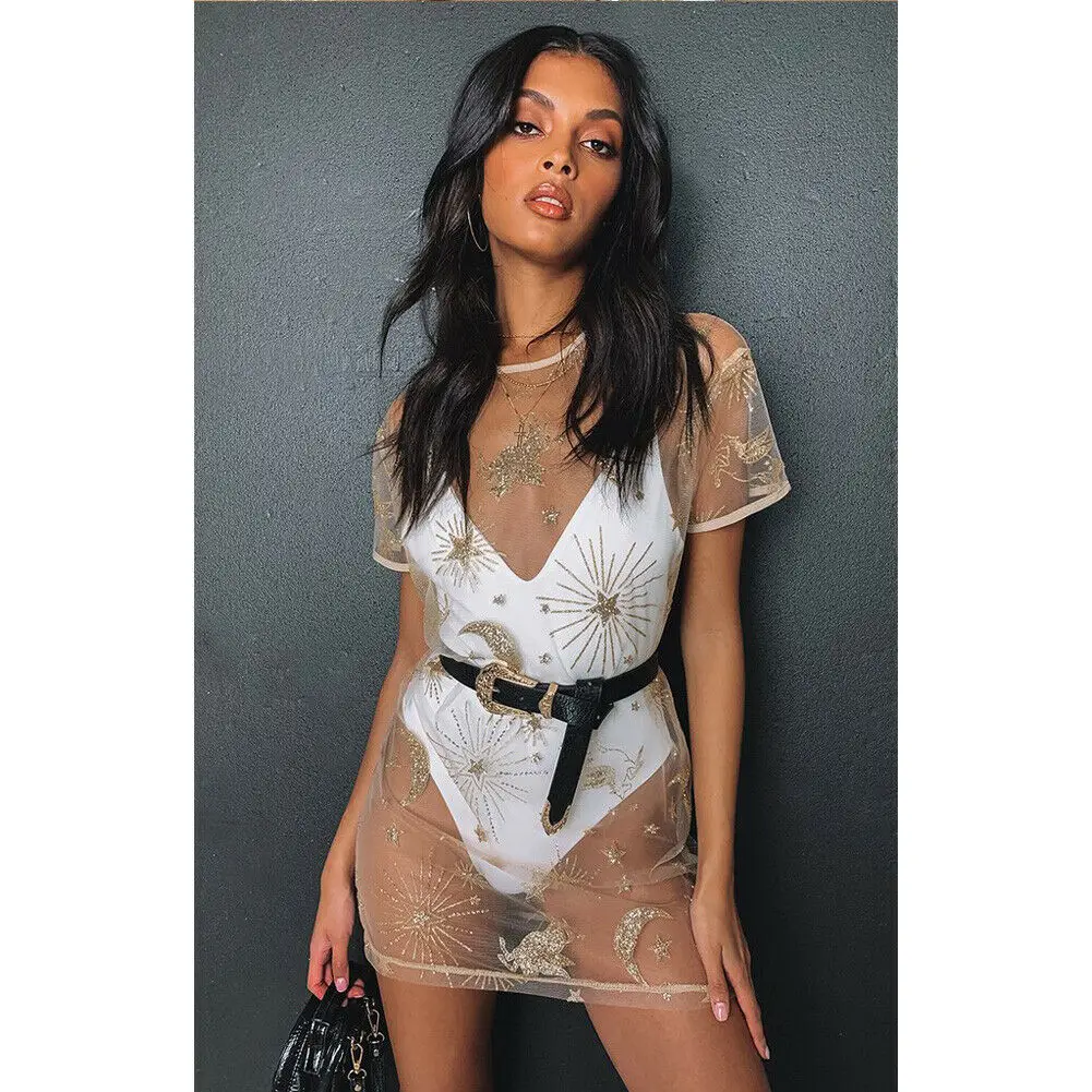 

2019 New Women Fashion Hot Unique See Through Design Mini Dress Gold Sequins Shinny Beach Dress Bikini Cover Up Pretty Clothes