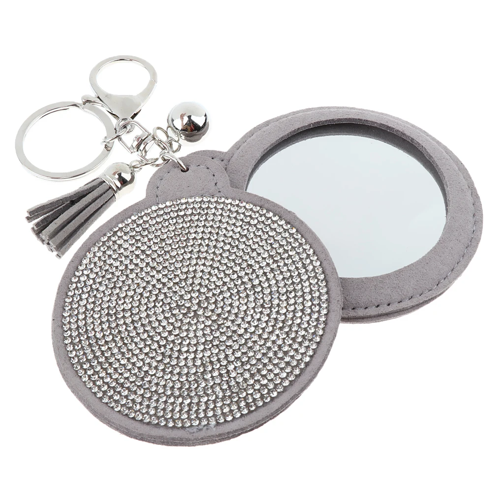Woman Charm Key Chain Shape Round Crystal Keychain Tassel Mirror Grey