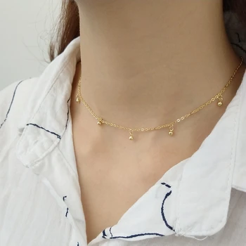 

925 sterling silver string round beads gold color necklace simple fashion design mini clavicular chain for women fine jewelry
