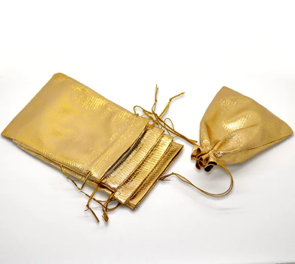 

Doreen Box golden tone Satin Gift Bags With Drawstring 12x9cm(4-3/4"x3-1/2"), 100PCs (B16806)