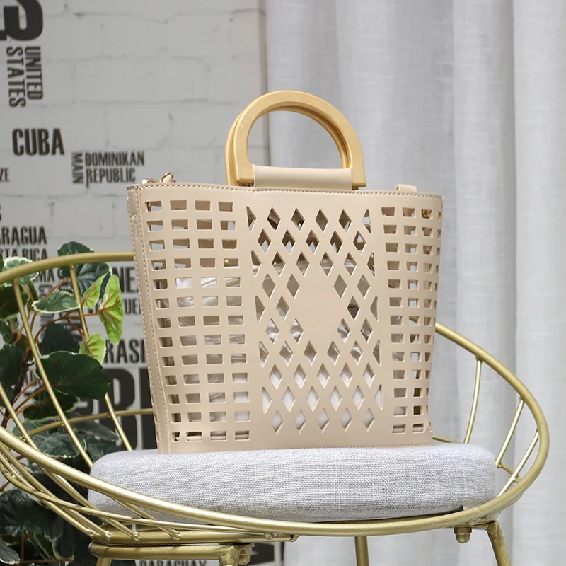 Hollow Composite Bags Women Handbag Wooden Handle Beach Bag PU Leather Lady Shoulder Bag Female Summer Bags
