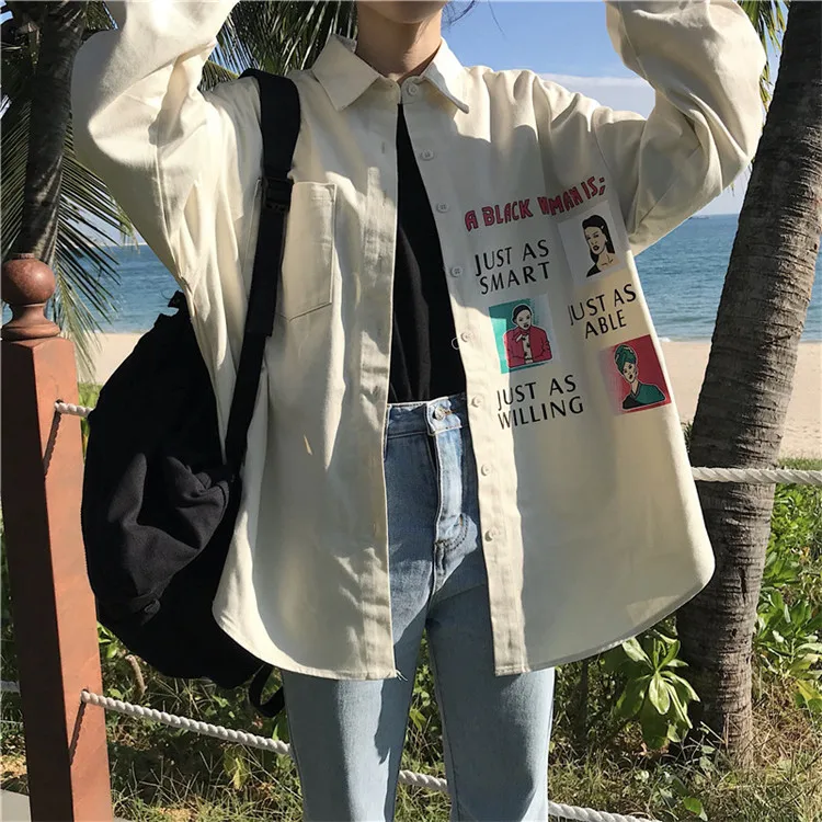

Korean Women/Men Harajuku Character Cartoon Face Letter Graffiti Print Pocket Button Loose Top Shirt Streetwear Casual Blouse