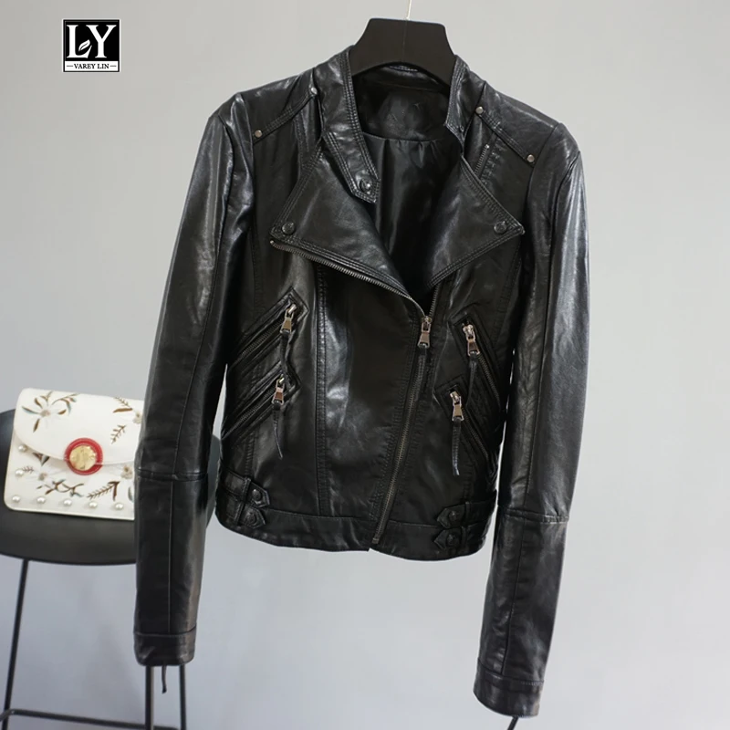 Ly Varey Lin Осенняя кожаная куртка, пальто с отложным воротником, черная искусственная мягкая кожа, короткий дизайн, тонкая мотоциклетная Женская верхняя одежда
