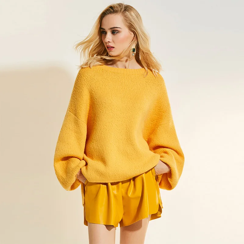 Winter Yellow Sweater Women Round Neck Solid Lantern Sleeve Pullover Fashion Plain Sweater Girls